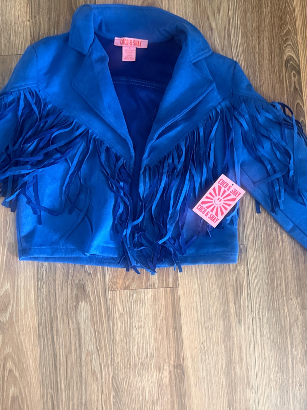 COCO & SHAY Blue Fringe Cropped Jacket with Neon Coral Label - Picture 1 of 8
